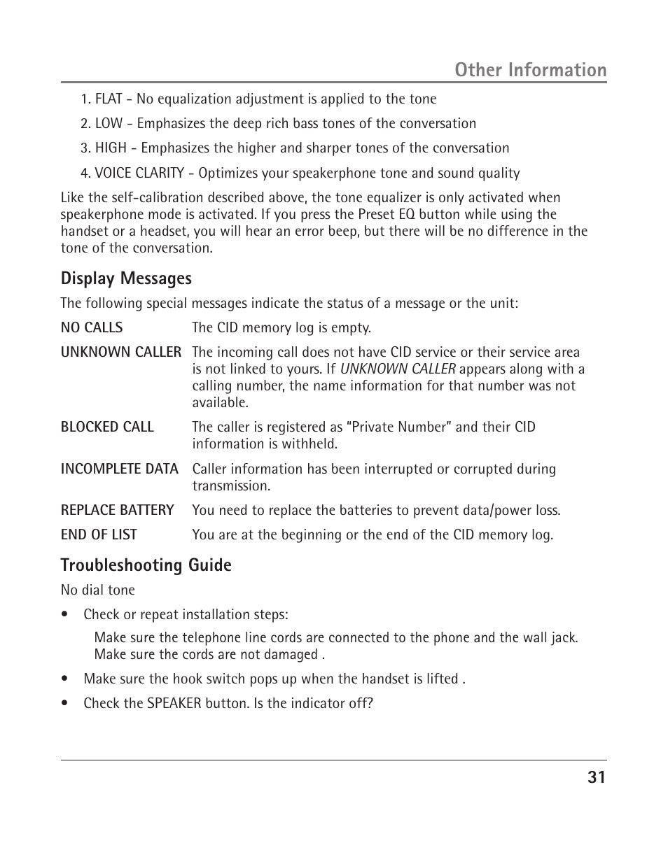 Other information, Display messages, Troubleshooting guide | RCA 25204 User Manual | Page 31 / 76