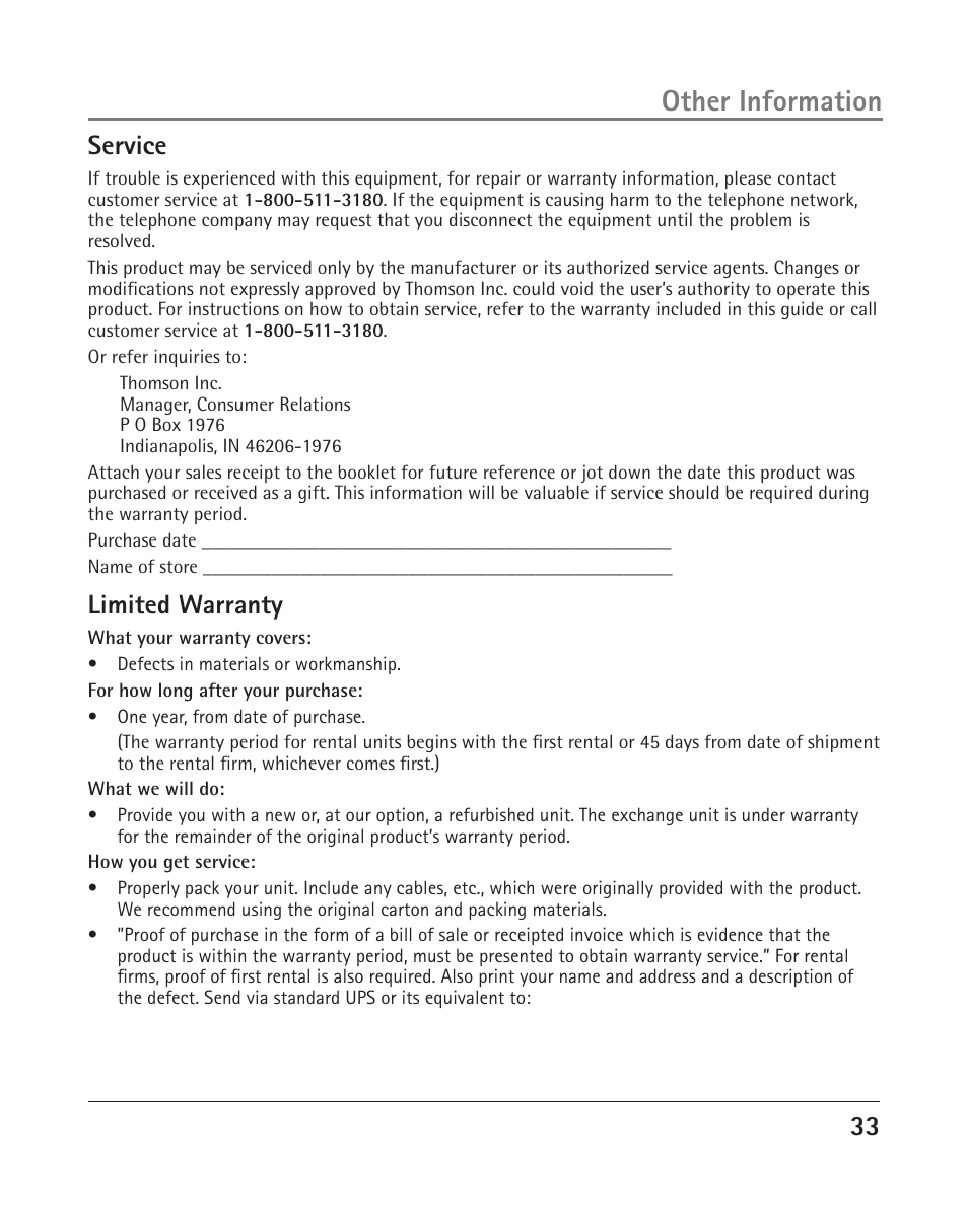 Other information, Service, Limited warranty | RCA 25204 User Manual | Page 33 / 76