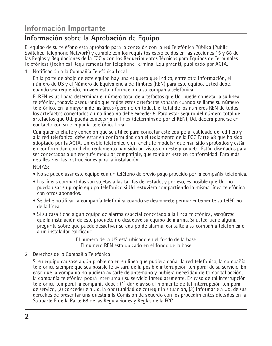 Información importante, 2información sobre la aprobación de equipo | RCA 25204 User Manual | Page 40 / 76