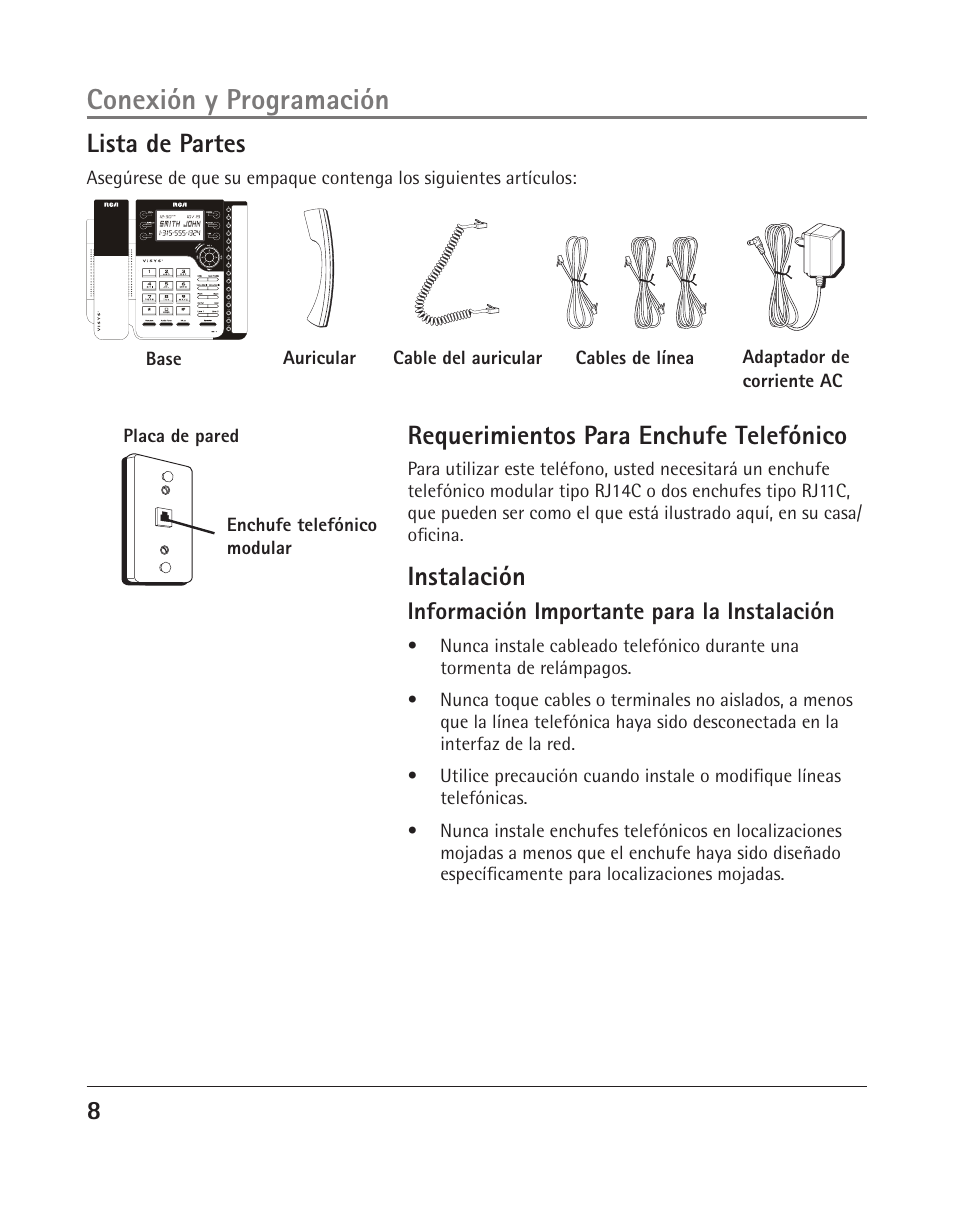 Conexión y programación, Lista de partes, Requerimientos para enchufe telefónico | Instalación, Información importante para la instalación | RCA 25204 User Manual | Page 46 / 76