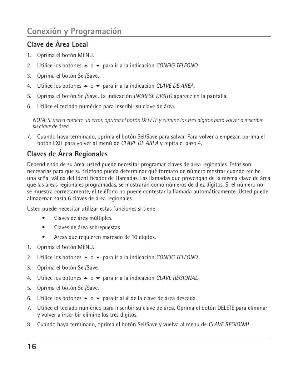 Conexión y programación, Clave de área local, Claves de área regionales | RCA 25204 User Manual | Page 54 / 76