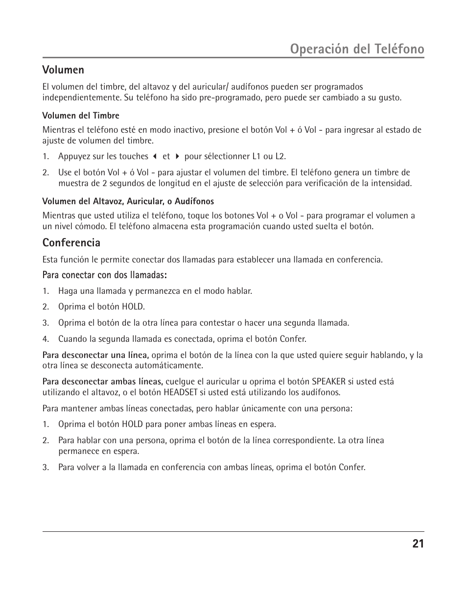 Operación del teléfono, 21 volumen, Conferencia | RCA 25204 User Manual | Page 59 / 76