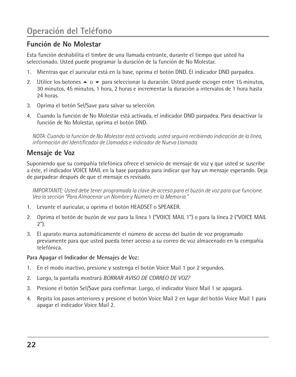 Operación del teléfono, Función de no molestar, Mensaje de voz | RCA 25204 User Manual | Page 60 / 76