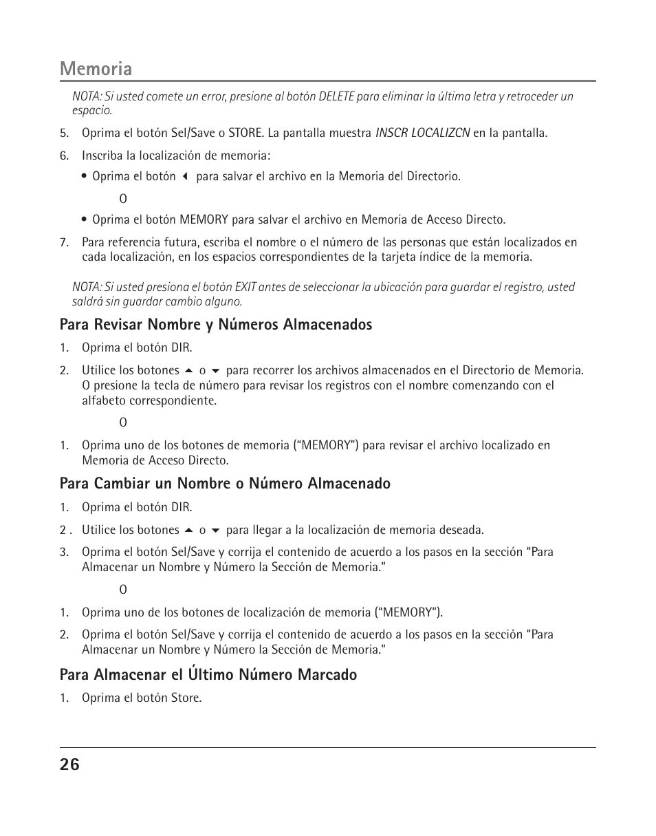 Para revisar nombre y números almacenados, Para cambiar un nombre o número almacenado, Para almacenar el último número marcado | RCA 25204 User Manual | Page 64 / 76