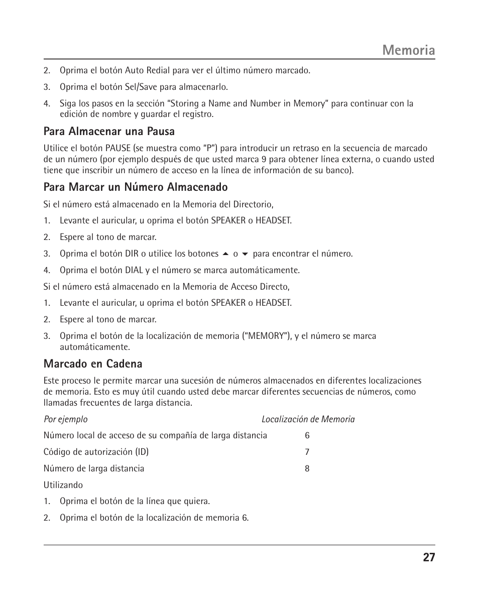 Para almacenar una pausa, Para marcar un número almacenado, Marcado en cadena | RCA 25204 User Manual | Page 65 / 76