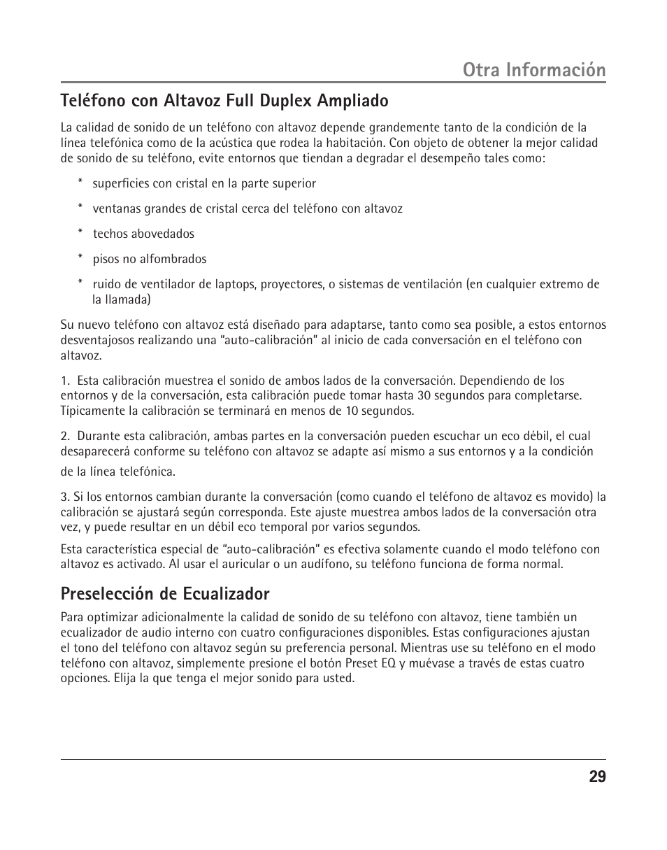 Otra información, Teléfono con altavoz full duplex ampliado, Preselección de ecualizador | RCA 25204 User Manual | Page 67 / 76