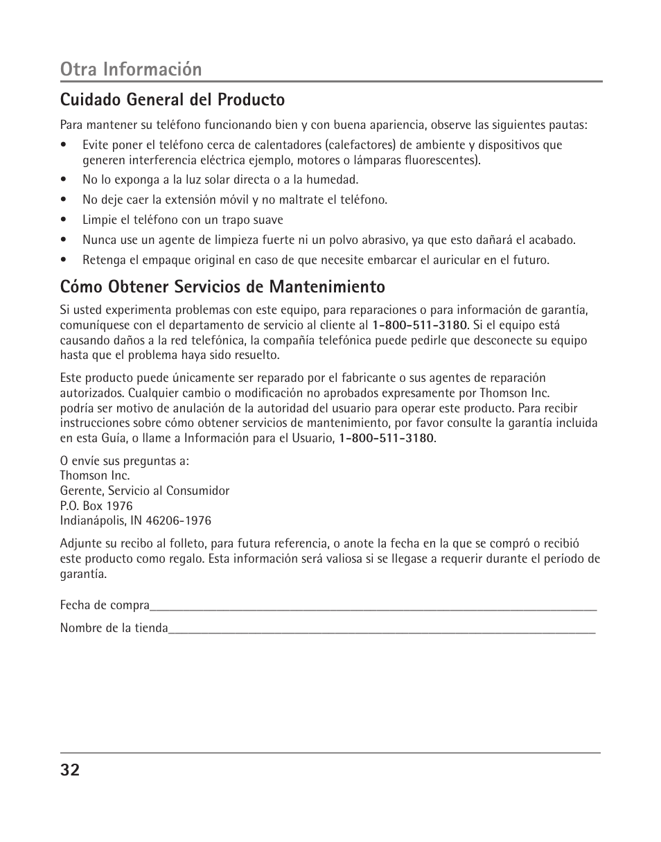 Otra información, 32 cuidado general del producto, Cómo obtener servicios de mantenimiento | RCA 25204 User Manual | Page 70 / 76