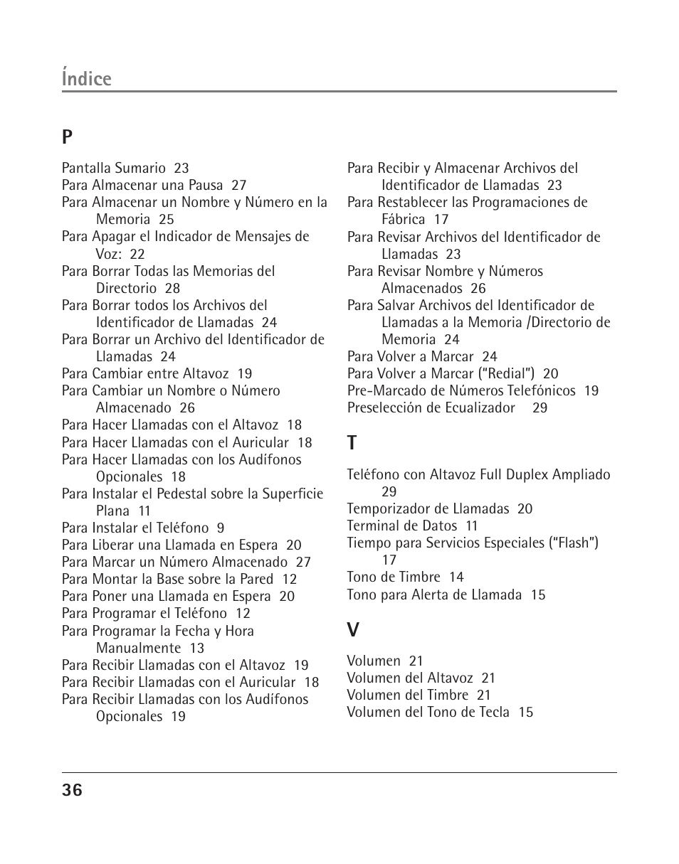 Índice p | RCA 25204 User Manual | Page 74 / 76