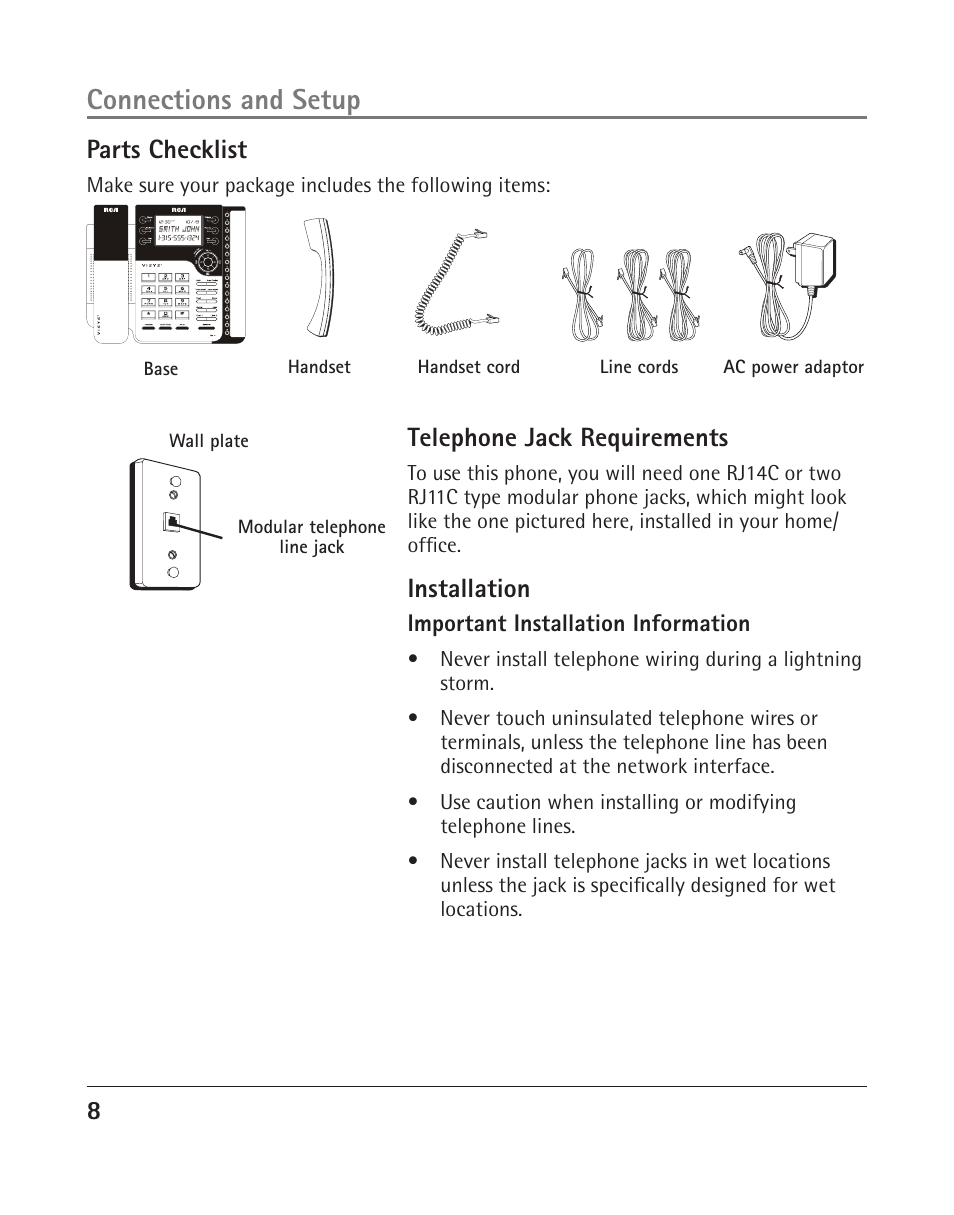 Connections and setup, Parts checklist, Telephone jack requirements | Installation | RCA 25204 User Manual | Page 8 / 76