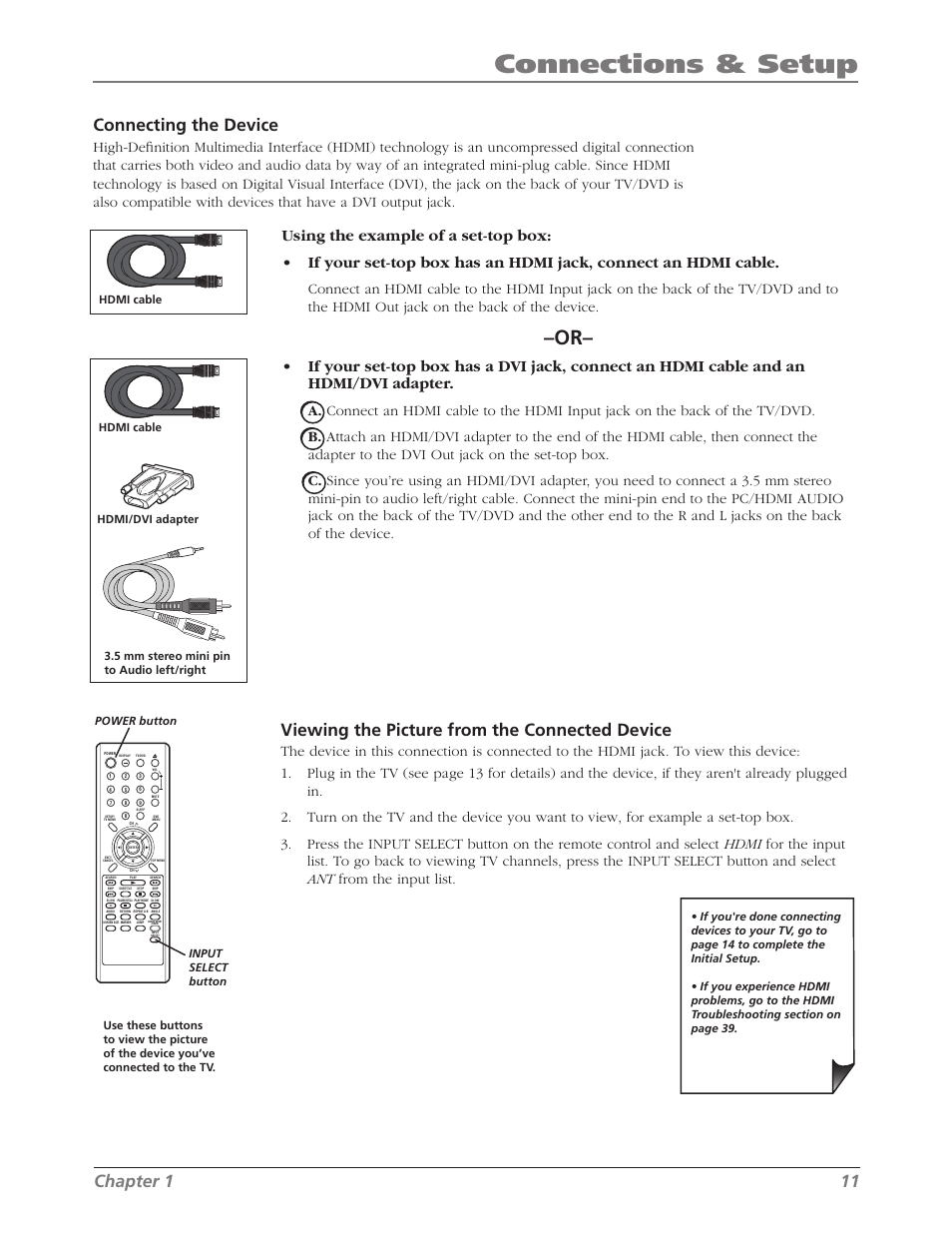 Connections & setup, Chapter 1 11, Connecting the device | Viewing the picture from the connected device | RCA L26WD26D User Manual | Page 11 / 44