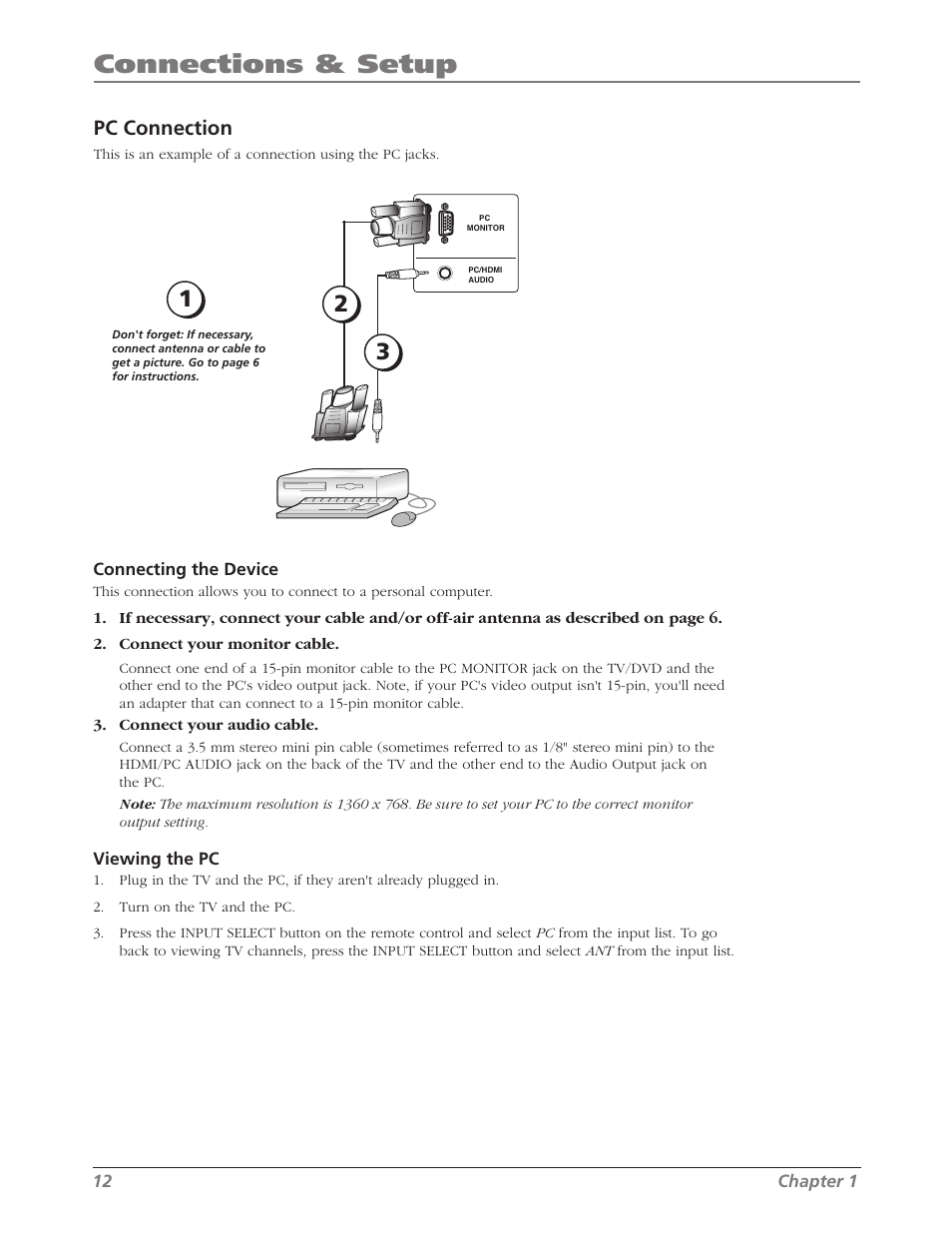 Connections & setup, Pc connection | RCA L26WD26D User Manual | Page 12 / 44