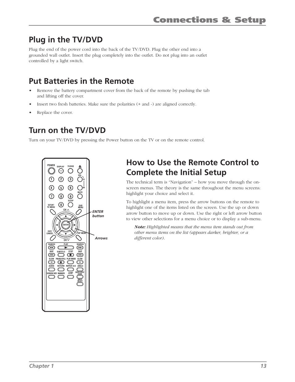 Connections & setup, Plug in the tv/dvd, Put batteries in the remote | Turn on the tv/dvd, Chapter 1 13 | RCA L26WD26D User Manual | Page 13 / 44