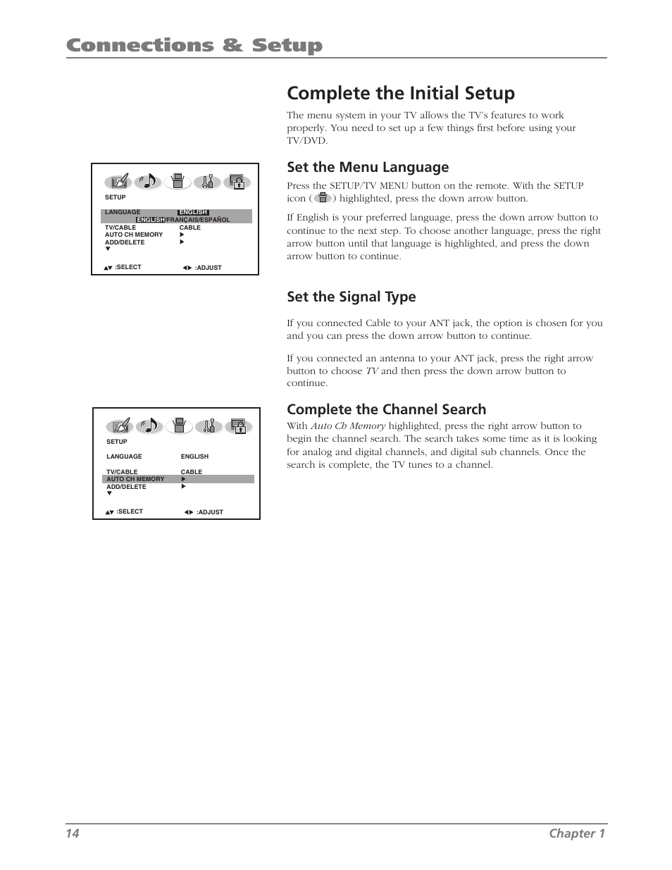 Connections & setup complete the initial setup, Set the menu language, Set the signal type | Complete the channel search, 14 chapter 1 | RCA L26WD26D User Manual | Page 14 / 44