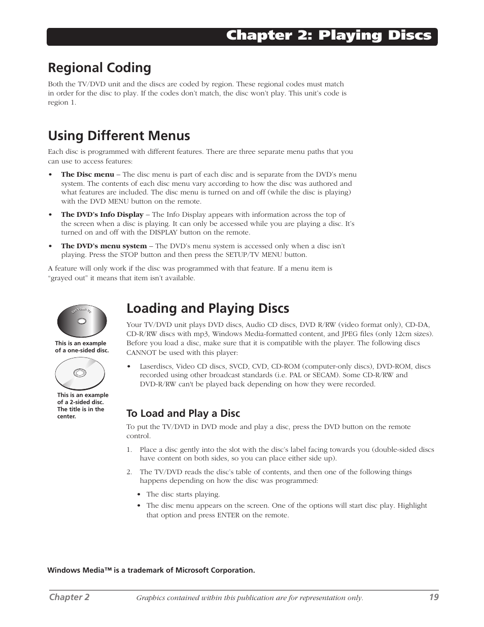 Chapter 2: playing discs regional coding, Using different menus, Loading and playing discs | Chapter 2 19 | RCA L26WD26D User Manual | Page 19 / 44