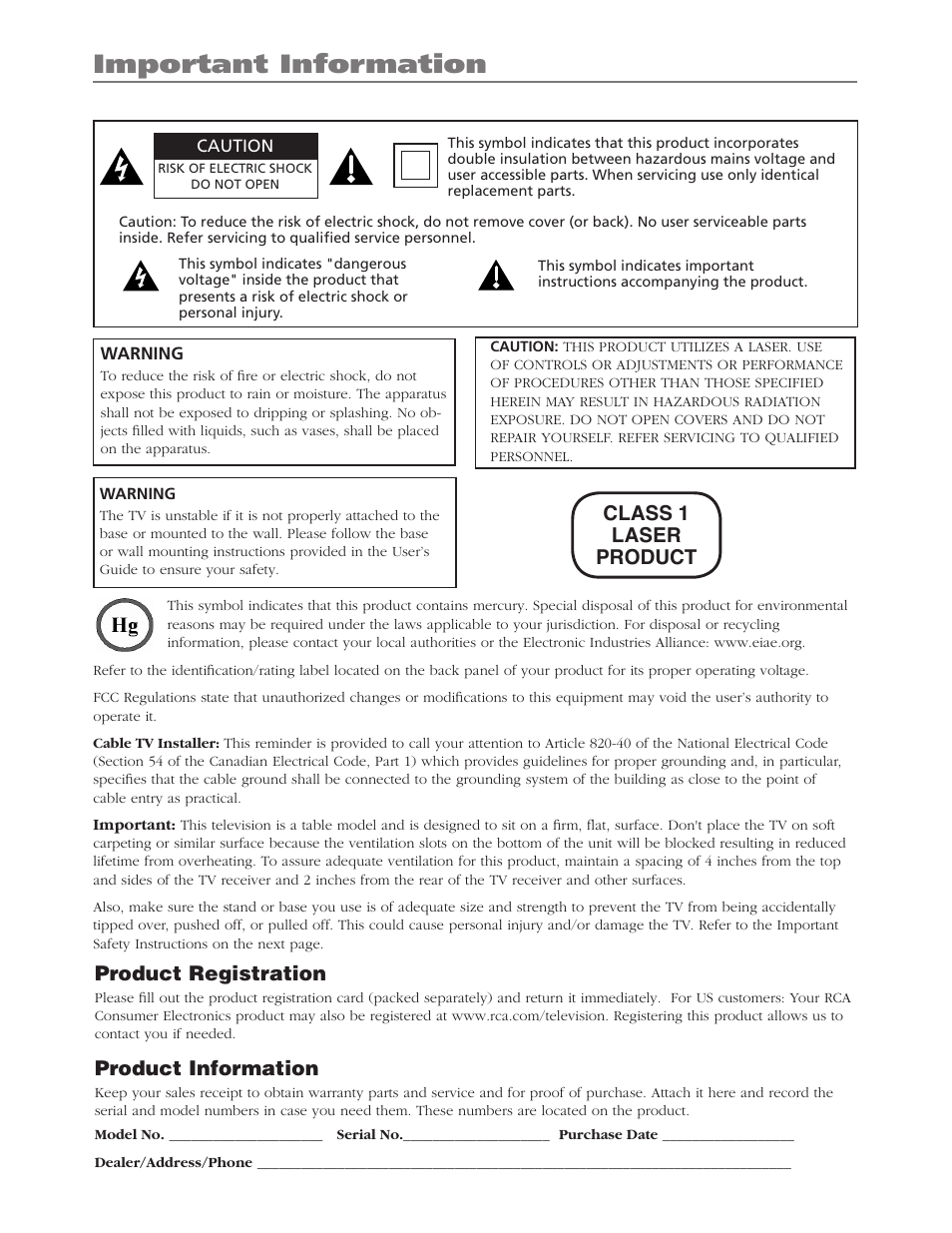 Important information, Product registration, Product information | Class 1 laser product | RCA L26WD26D User Manual | Page 2 / 44