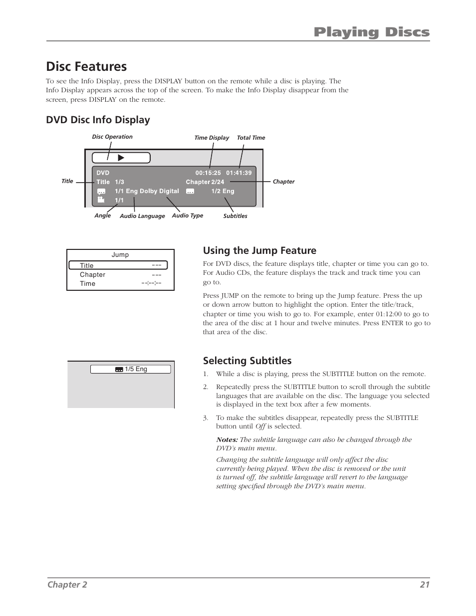 Playing discs disc features, Dvd disc info display, Using the jump feature | Selecting subtitles | RCA L26WD26D User Manual | Page 21 / 44