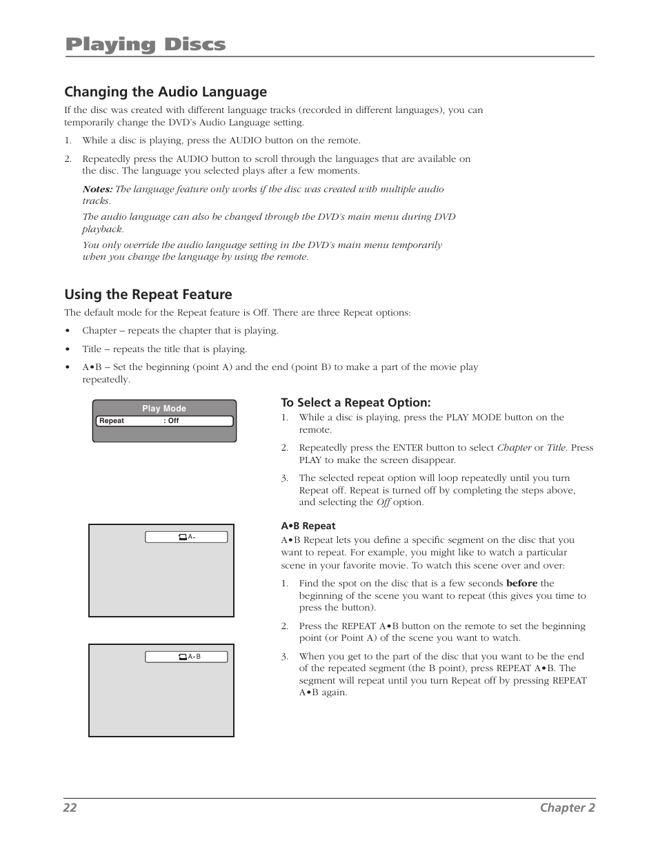 Playing discs, Changing the audio language, Using the repeat feature | RCA L26WD26D User Manual | Page 22 / 44