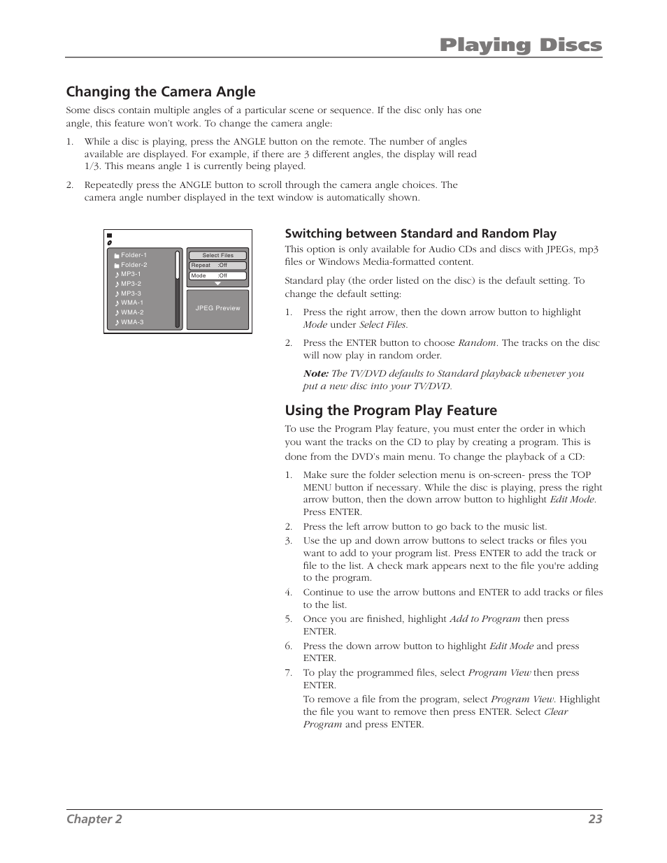 Playing discs, Changing the camera angle, Using the program play feature | Chapter 2 23, Switching between standard and random play | RCA L26WD26D User Manual | Page 23 / 44