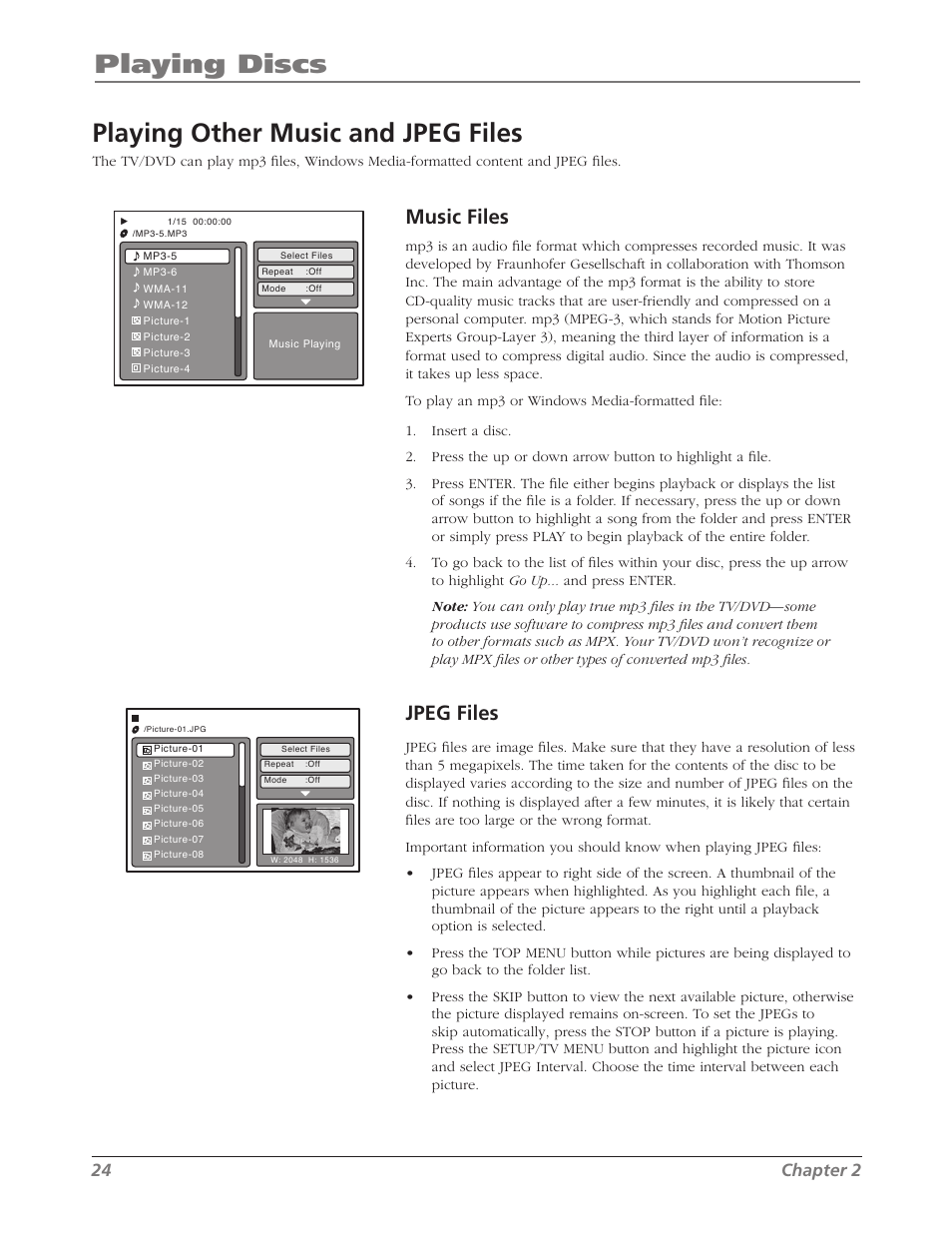 Playing discs, Playing other music and jpeg files, Music files | Jpeg files, 24 chapter 2 | RCA L26WD26D User Manual | Page 24 / 44