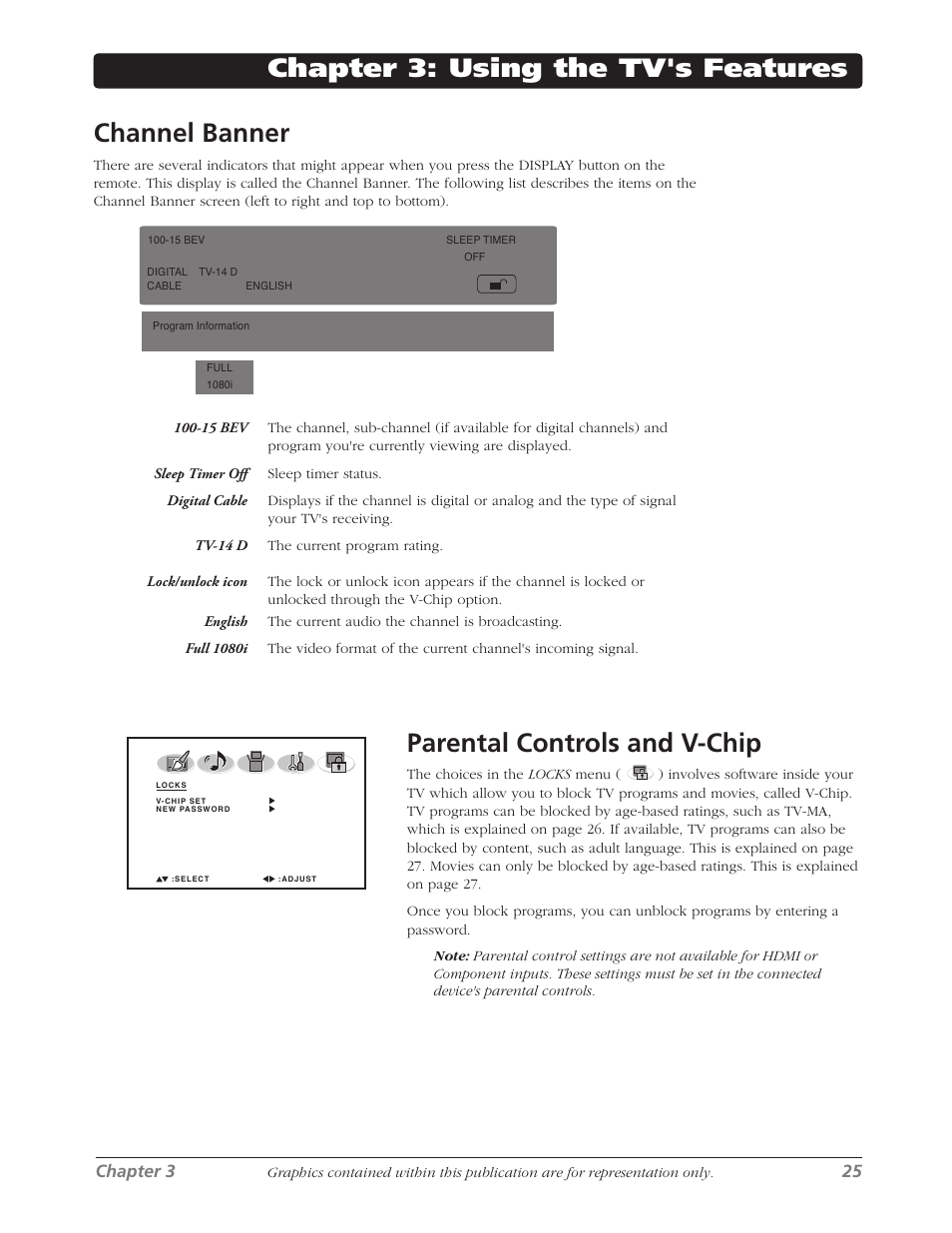 Chapter 3: using the tv's features channel banner, Parental controls and v-chip, Chapter 3 25 | RCA L26WD26D User Manual | Page 25 / 44