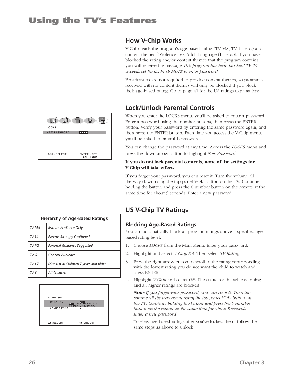 Using the tv’s features, How v- chip works, Lock/unlock parental controls | Us v-chip tv ratings, 26 chapter 3, Blocking age-based ratings | RCA L26WD26D User Manual | Page 26 / 44