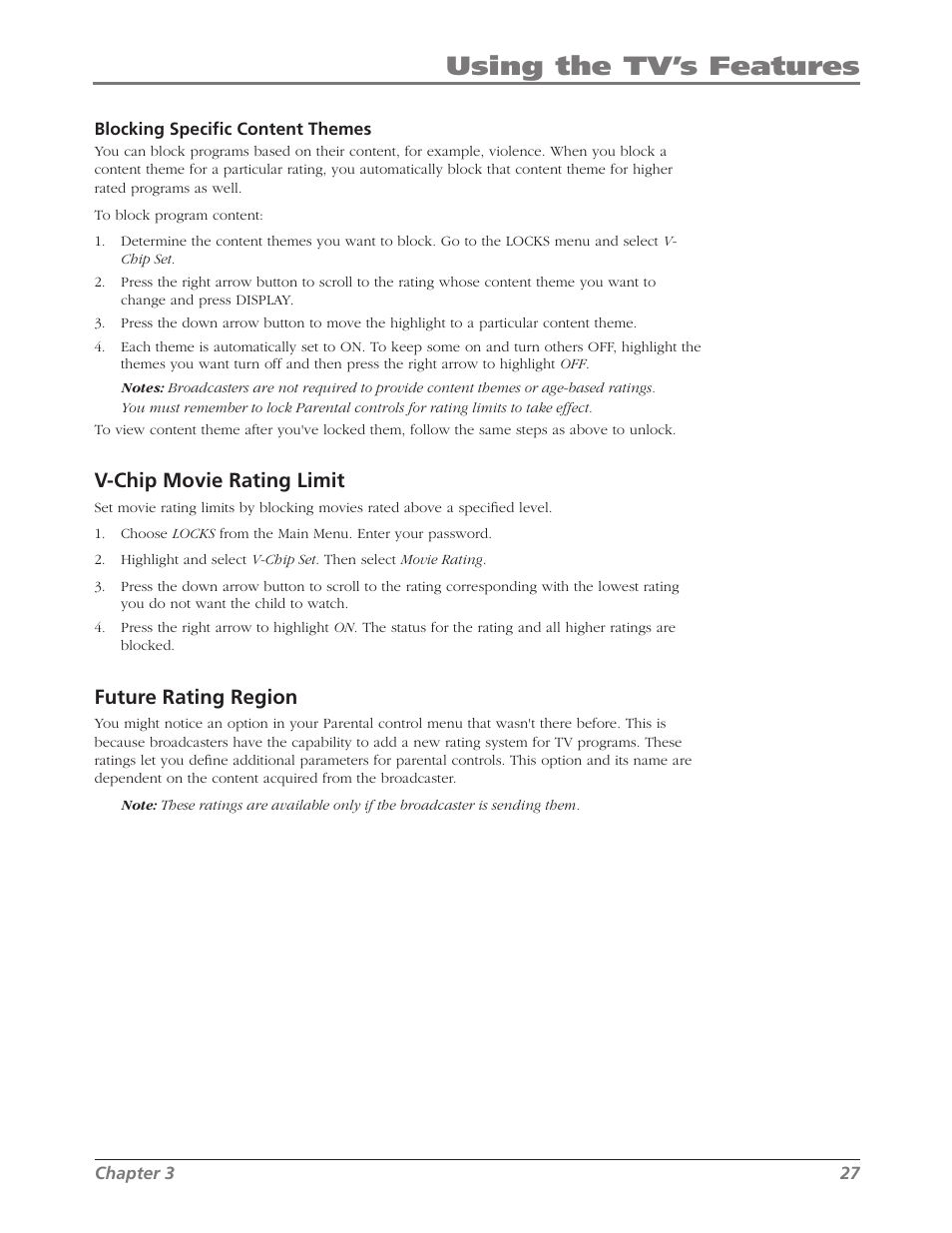 Using the tv’s features, V-chip movie rating limit, Future rating region | RCA L26WD26D User Manual | Page 27 / 44
