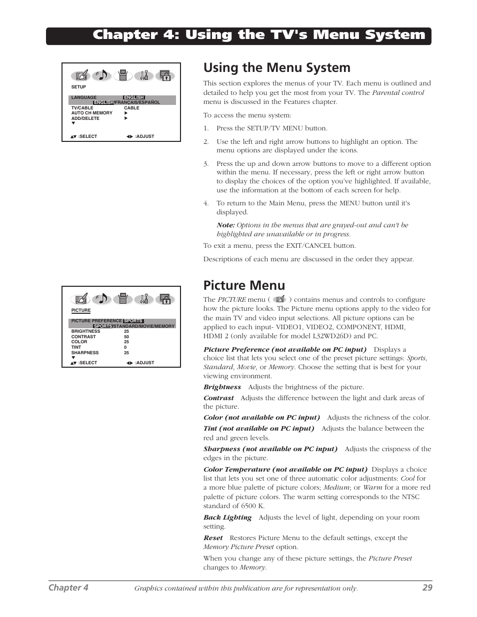 Picture menu, Chapter 4 29 | RCA L26WD26D User Manual | Page 29 / 44