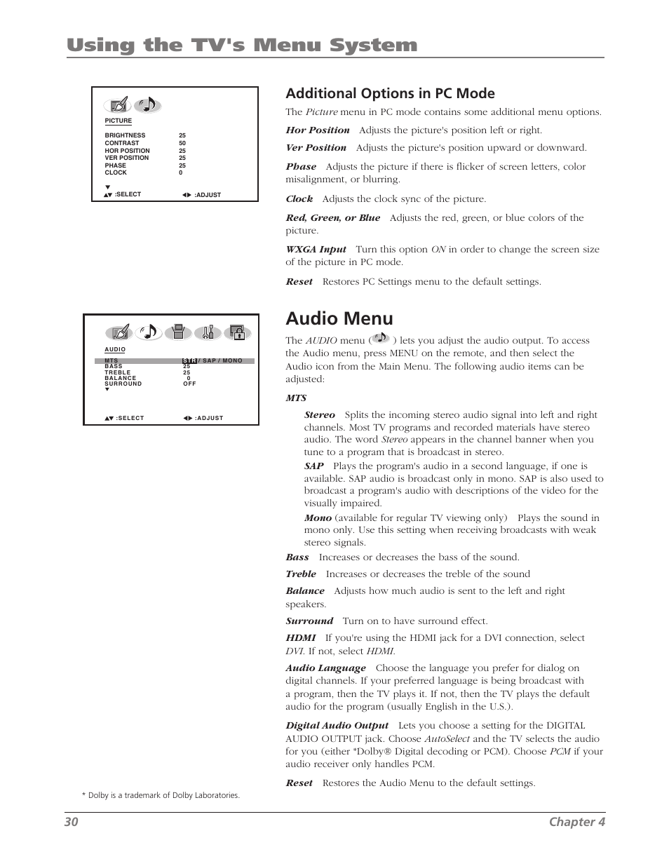 Using the tv's menu system, Audio menu, Additional options in pc mode | 30 chapter 4 | RCA L26WD26D User Manual | Page 30 / 44