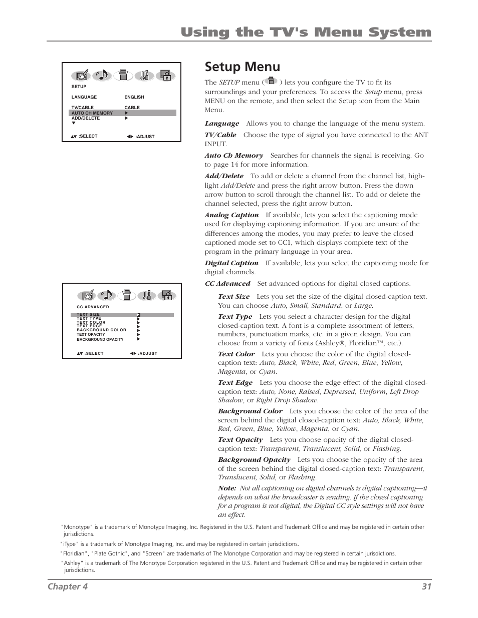 Using the tv's menu system setup menu, Chapter 4 31 | RCA L26WD26D User Manual | Page 31 / 44