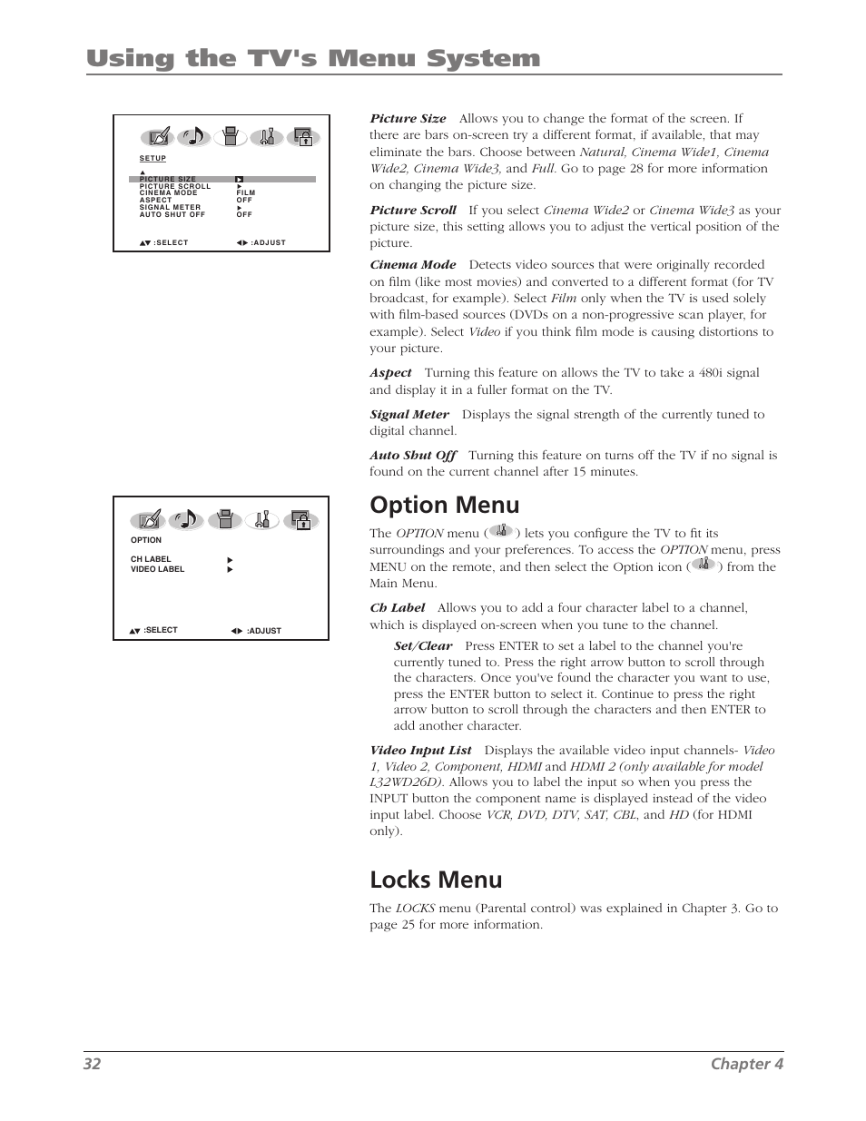 Using the tv's menu system, Option menu, Locks menu | 32 chapter 4 | RCA L26WD26D User Manual | Page 32 / 44