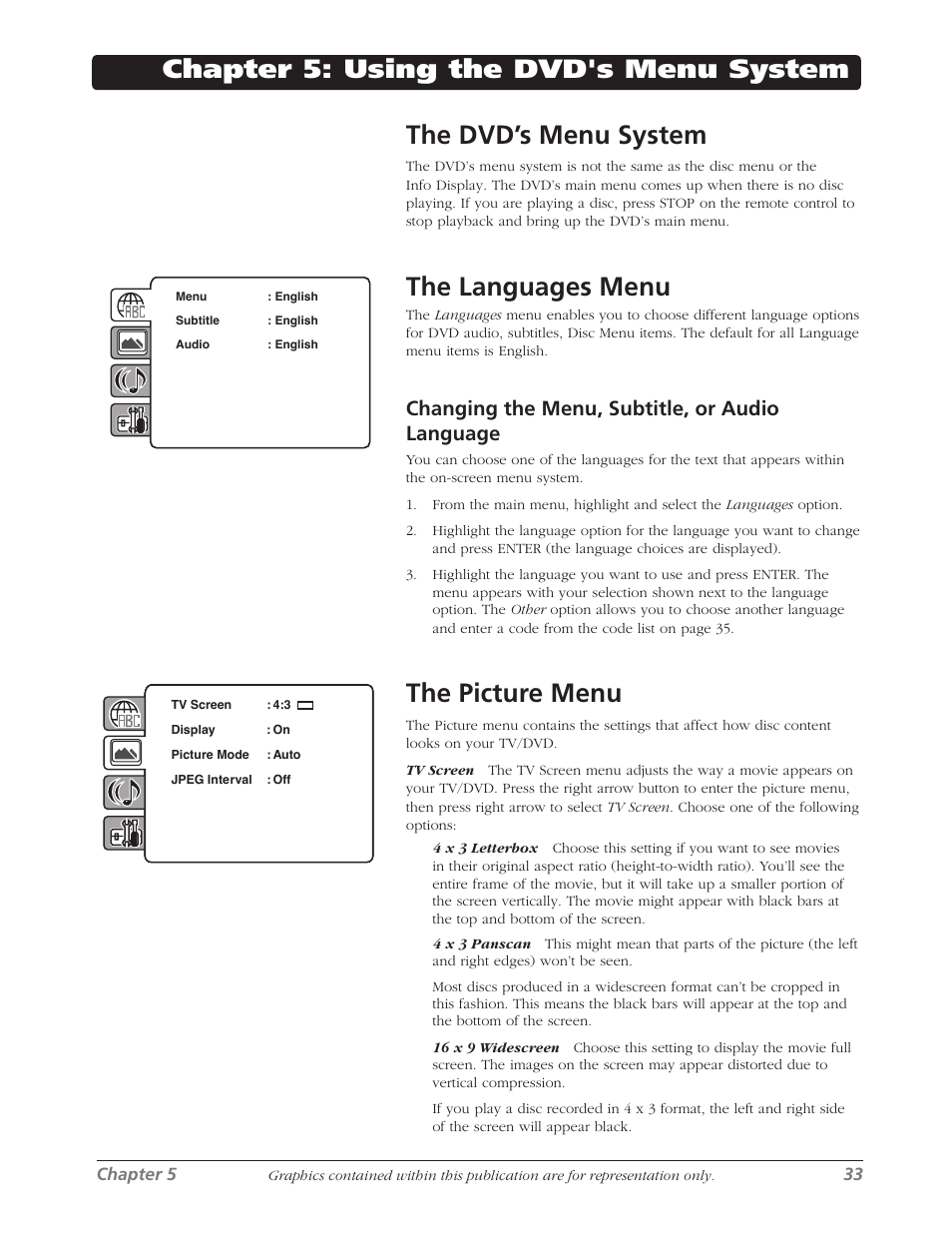 The languages menu, The picture menu, Changing the menu, subtitle, or audio language | RCA L26WD26D User Manual | Page 33 / 44