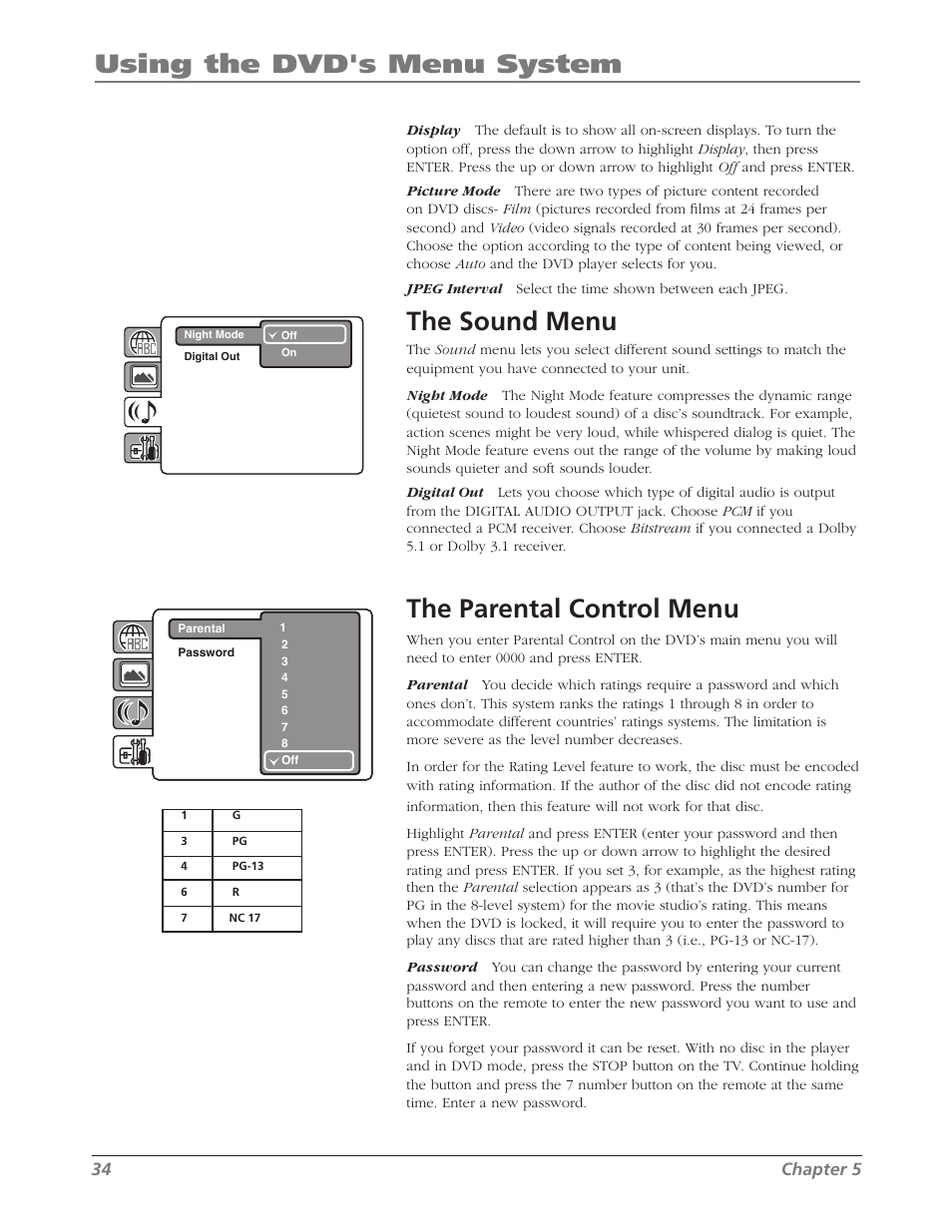 Using the dvd's menu system, The sound menu, The parental control menu | RCA L26WD26D User Manual | Page 34 / 44