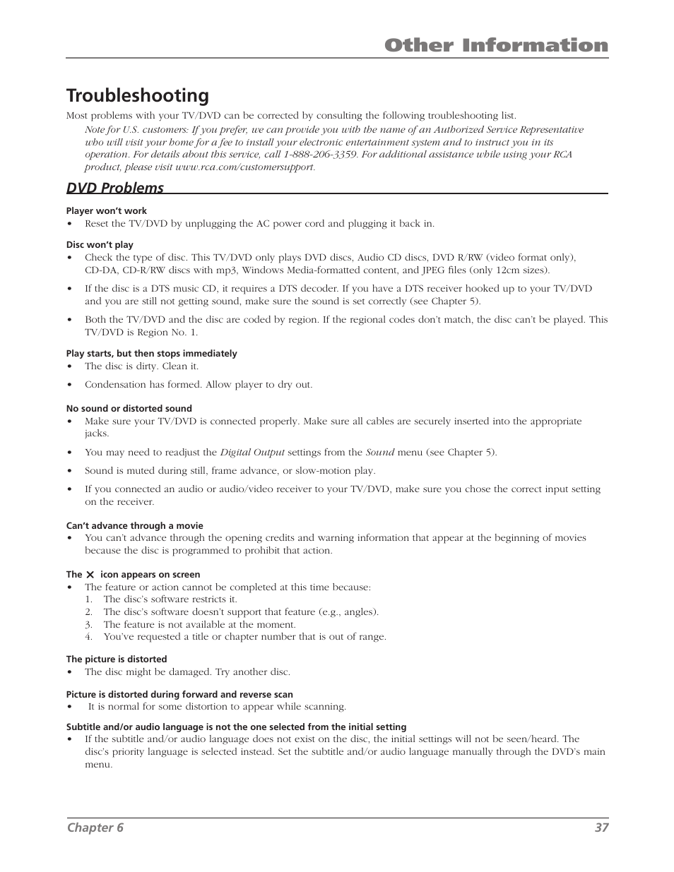 Other information troubleshooting, Dvd problems | RCA L26WD26D User Manual | Page 37 / 44
