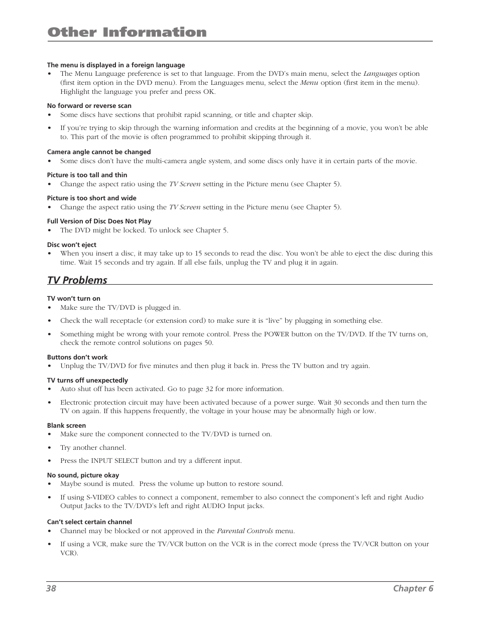 Other information, Tv problems | RCA L26WD26D User Manual | Page 38 / 44