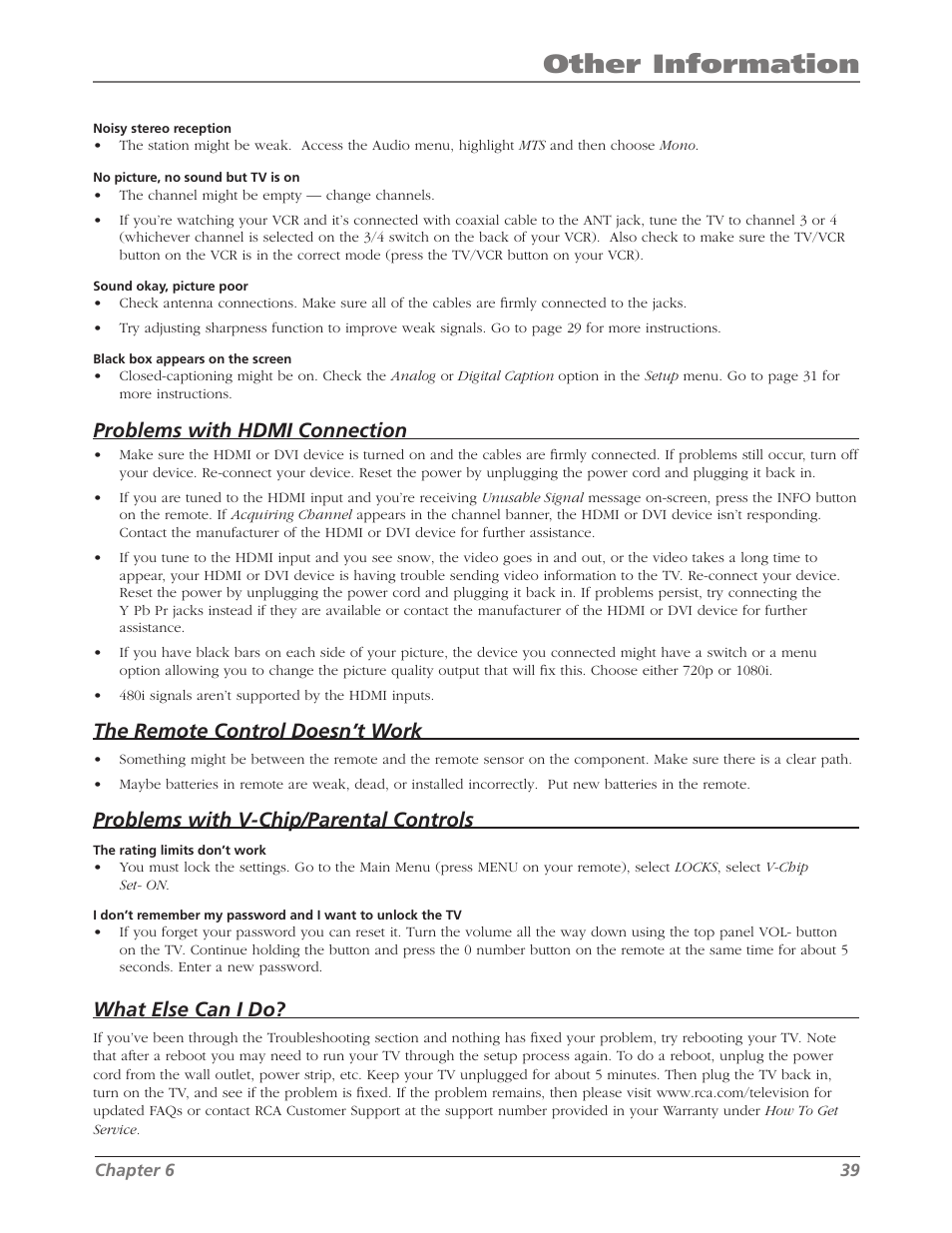 Other information, Problems with hdmi connection, The remote control doesn’t work | Problems with v-chip/parental controls, What else can i do | RCA L26WD26D User Manual | Page 39 / 44