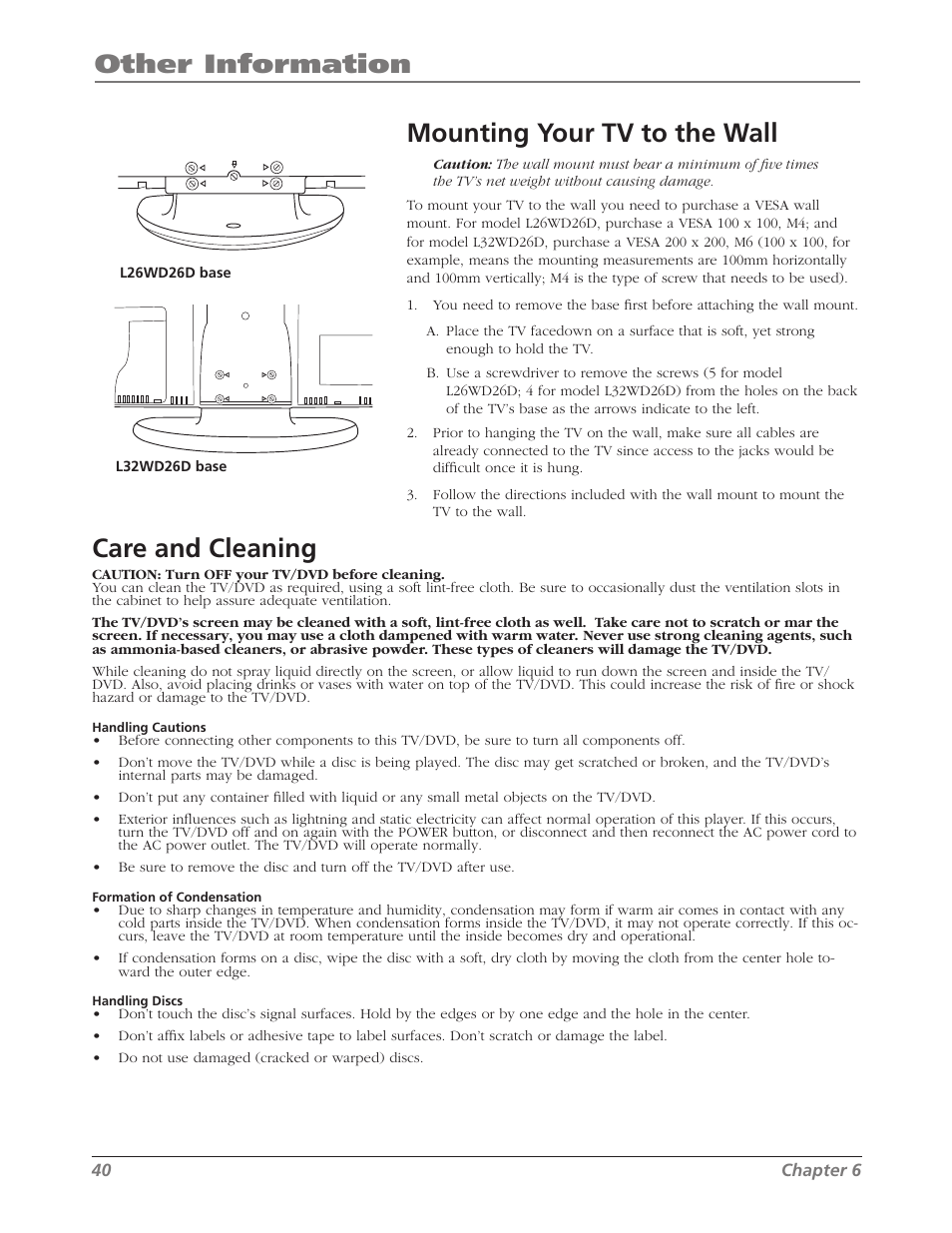 Other information, Mounting your tv to the wall, Care and cleaning | RCA L26WD26D User Manual | Page 40 / 44