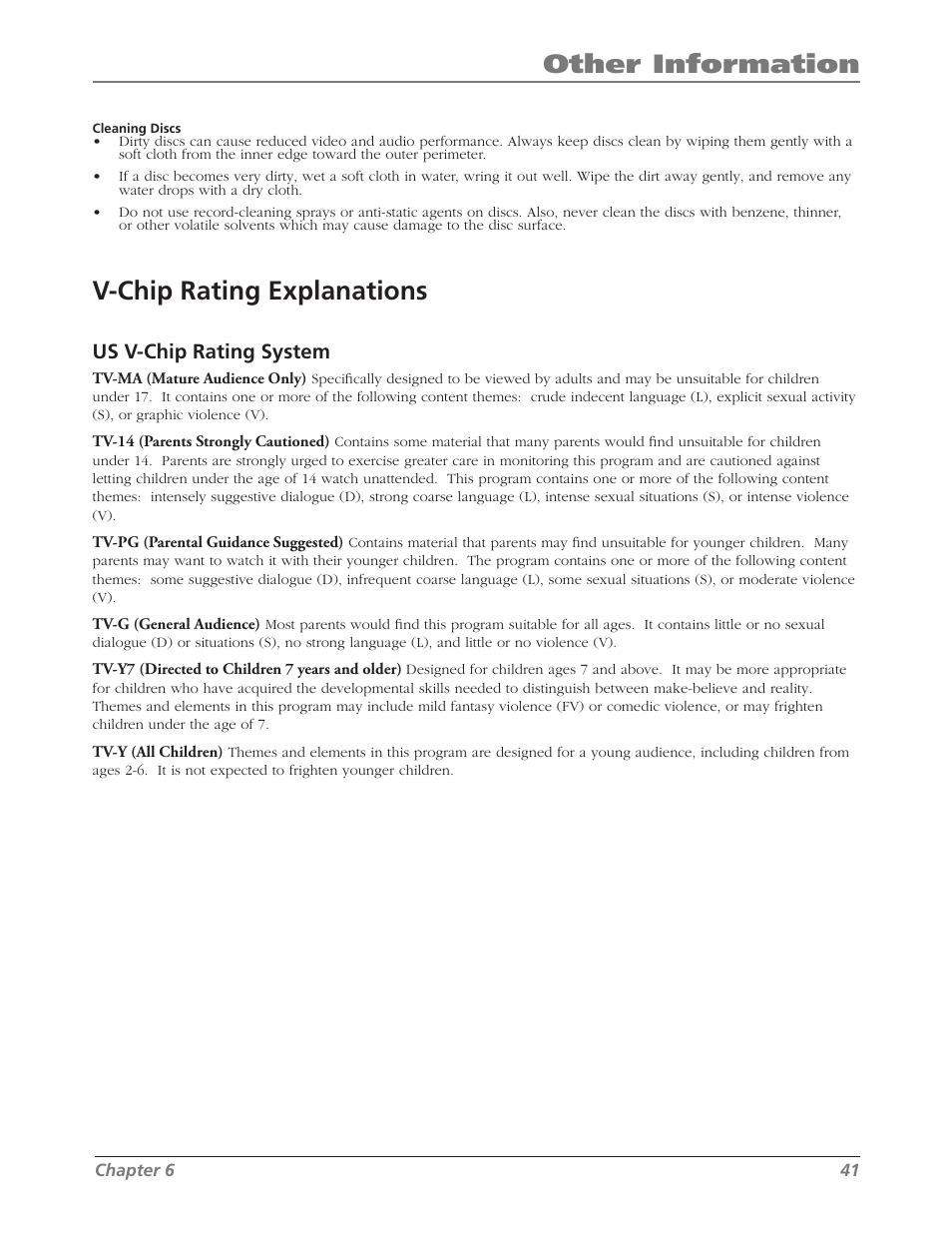 Other information, V-chip rating explanations, Us v-chip rating system | RCA L26WD26D User Manual | Page 41 / 44