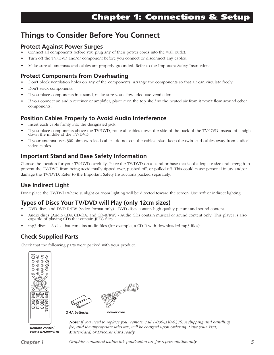 Protect against power surges, Protect components from overheating, Important stand and base safety information | Use indirect light, Check supplied parts, Chapter 1 5 | RCA L26WD26D User Manual | Page 5 / 44