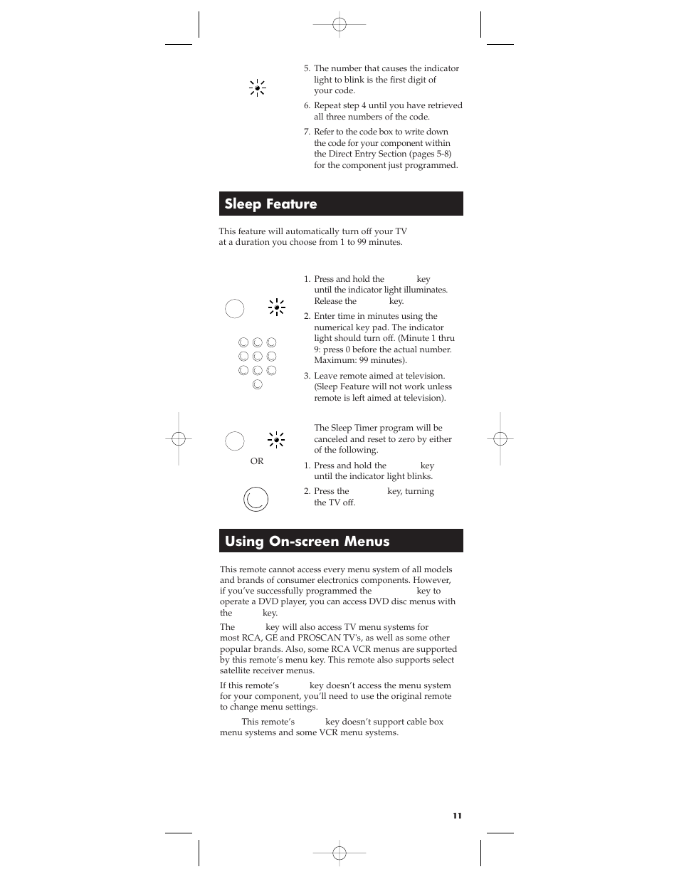 Sleep feature, Using on-screen menus | RCA RCU404 User Manual | Page 11 / 16