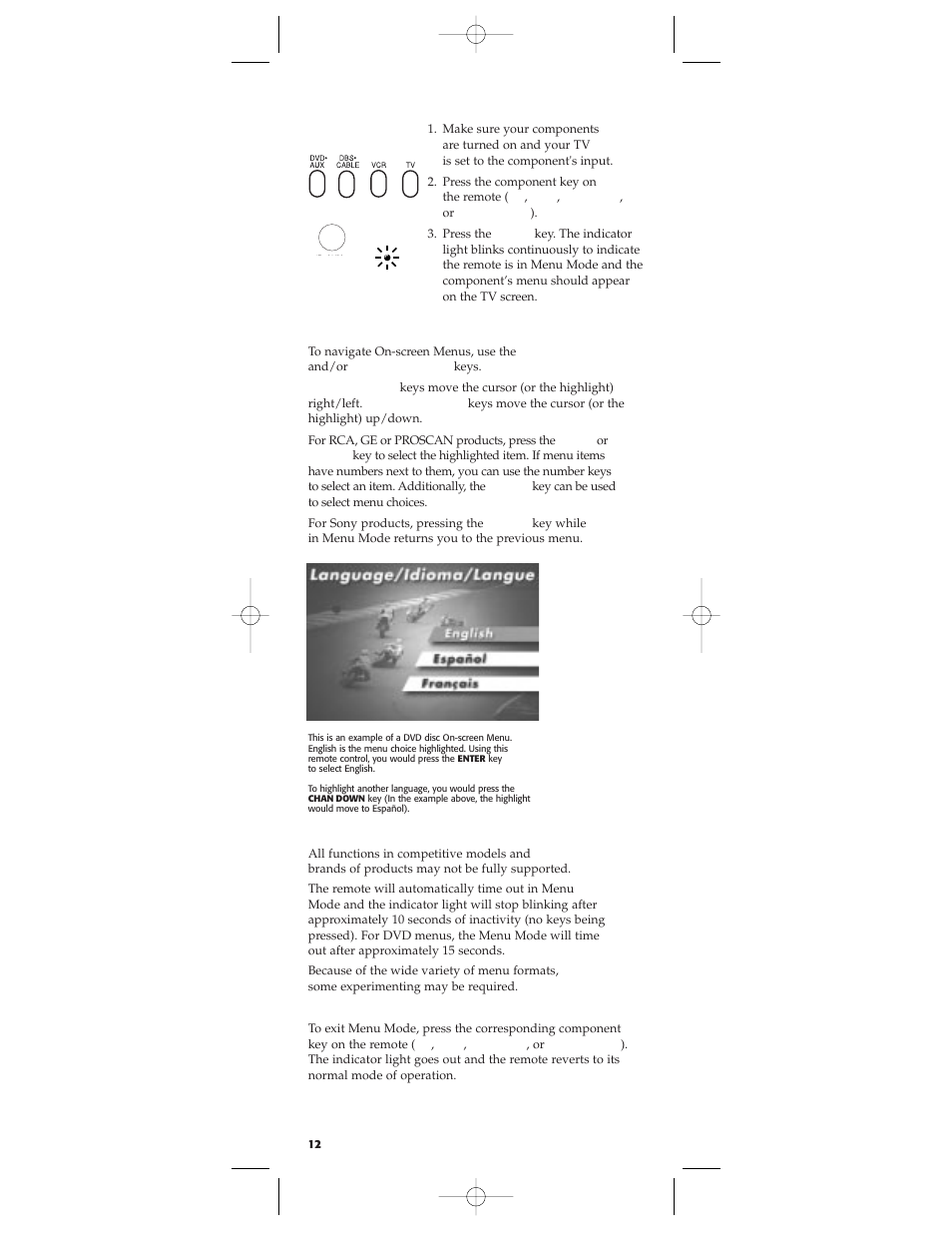 Highlighting and selecting menu items, Exiting a menu system, Accessing a menu system | RCA RCU404 User Manual | Page 12 / 16