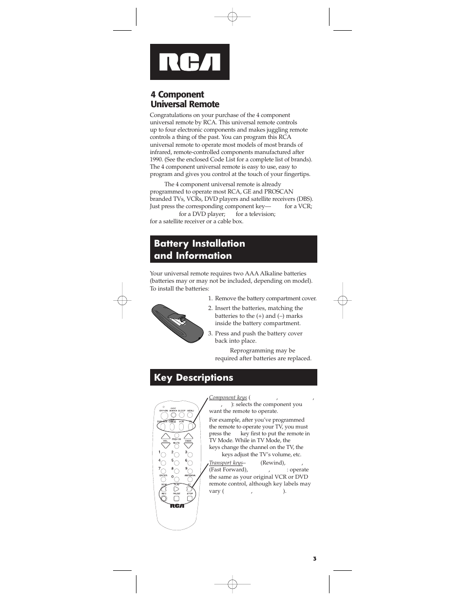 Battery installation and information, 4 component universal remote key descriptions | RCA RCU404 User Manual | Page 3 / 16