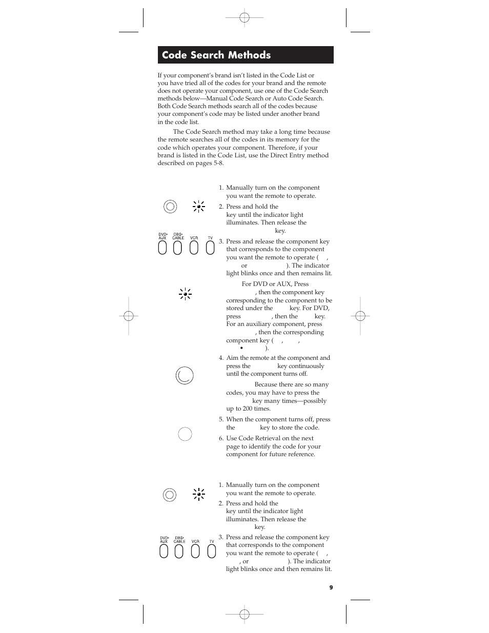 Code search methods, Manual code search, Auto code search | RCA RCU404 User Manual | Page 9 / 16