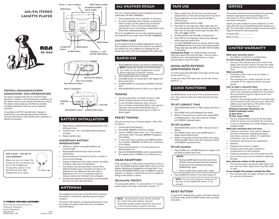 RCA RP-1540 User Manual | 1 page