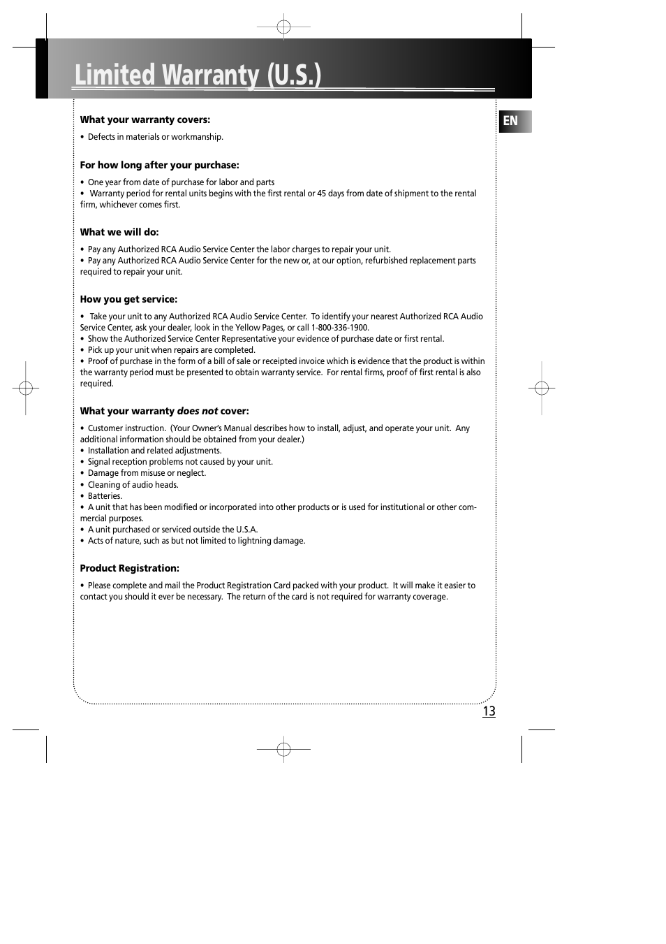 Limited warranty (u.s.), En 13 | RCA RS2005 User Manual | Page 16 / 19