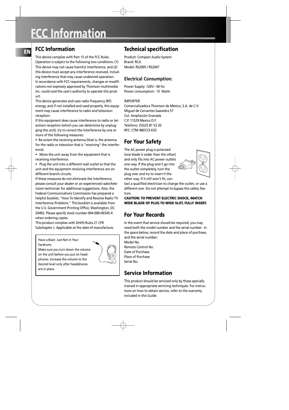 Fcc information | RCA RS2005 User Manual | Page 3 / 19