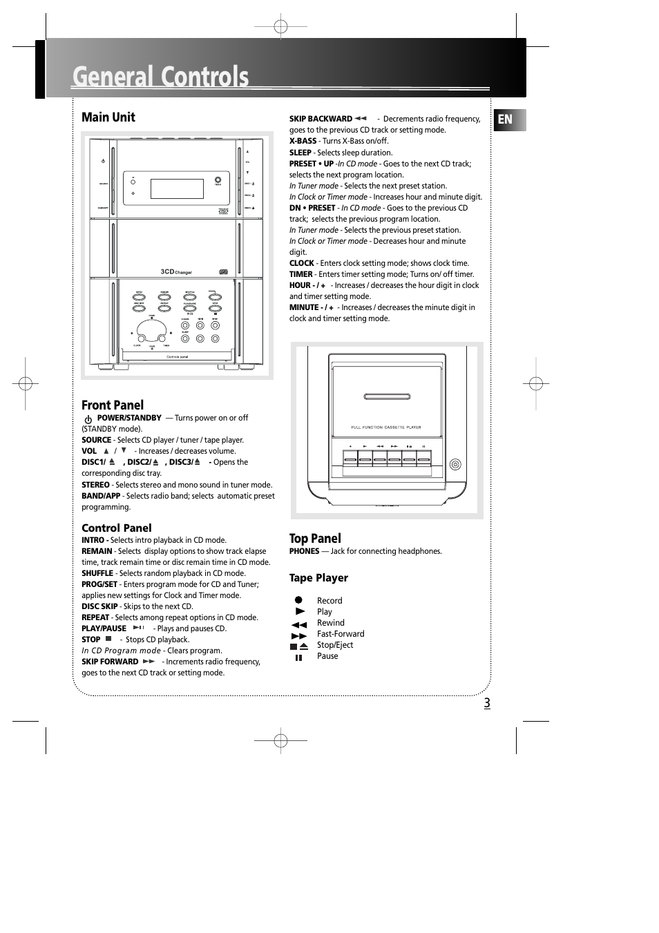 General controls, Main unit front panel, Top panel | Control panel, Tape player | RCA RS2005 User Manual | Page 6 / 19