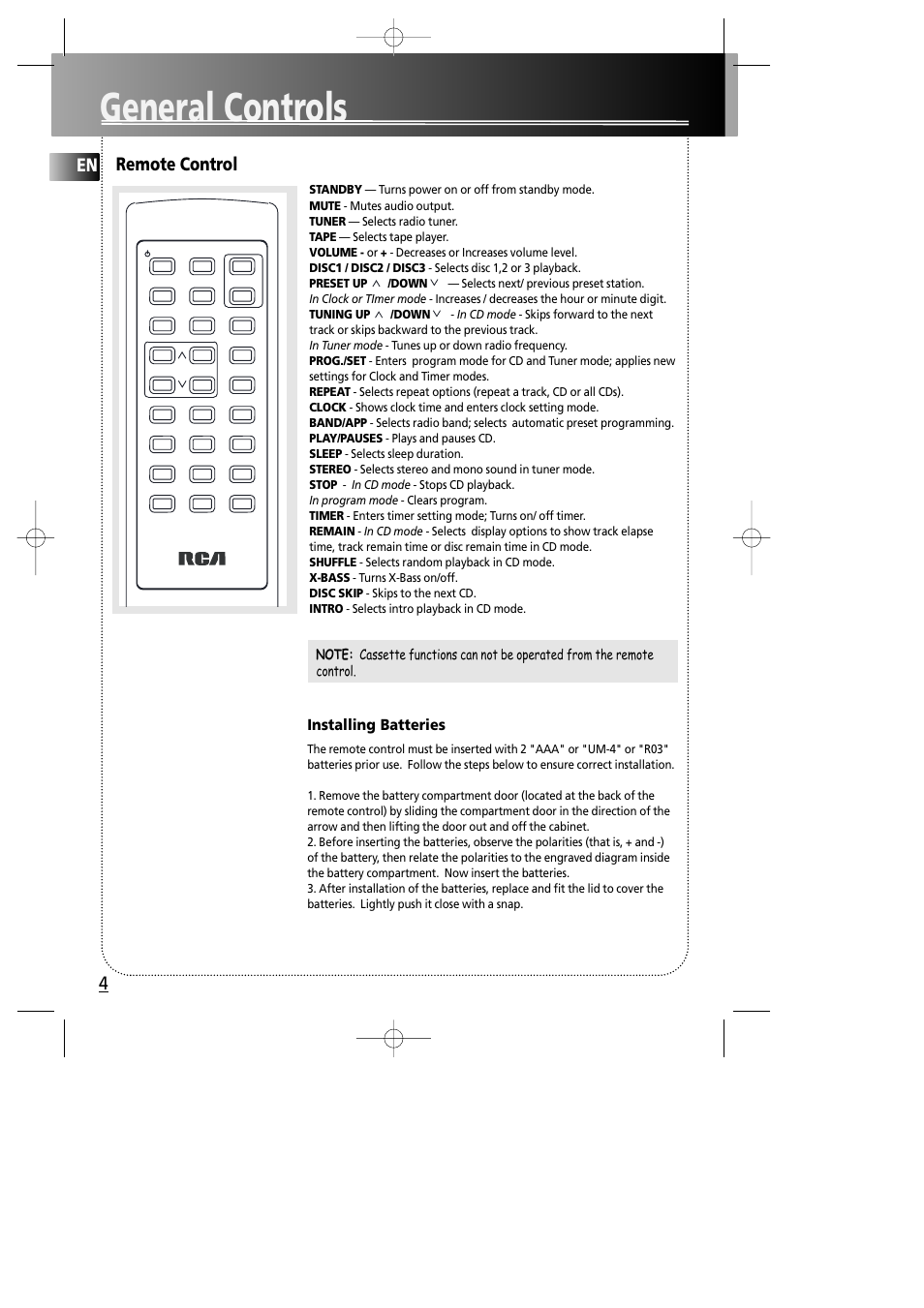 General controls, Remote control, Installing batteries | RCA RS2005 User Manual | Page 7 / 19