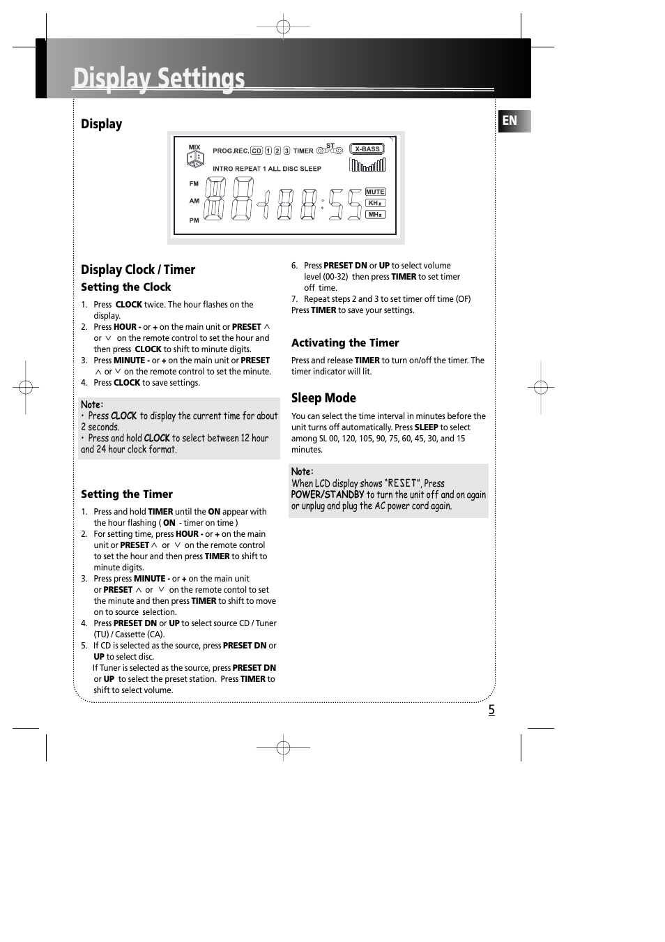 Display settings, En display display clock / timer, Sleep mode | RCA RS2005 User Manual | Page 8 / 19