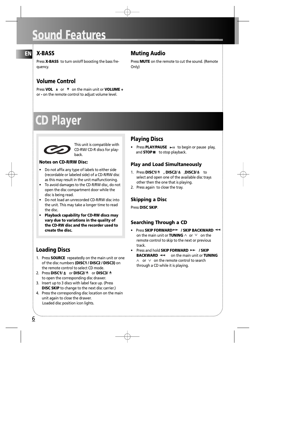 Sound features, Cd player, X-bass | Volume control, Muting audio, Loading discs, Playing discs | RCA RS2005 User Manual | Page 9 / 19