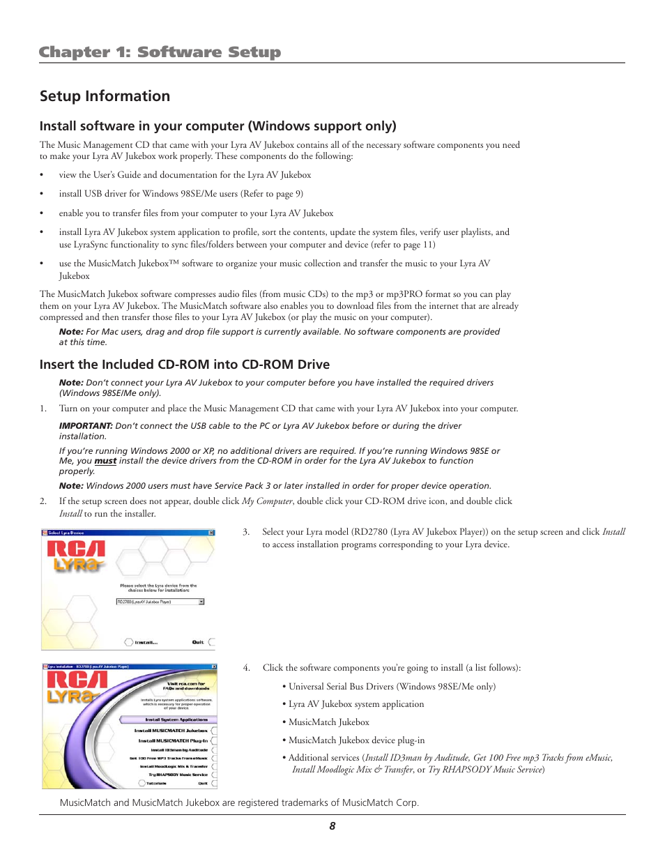 Chapter 1: software setup, Setup information, Insert the included cd-rom into cd-rom drive | RCA Lyra AV RD2780 User Manual | Page 12 / 46